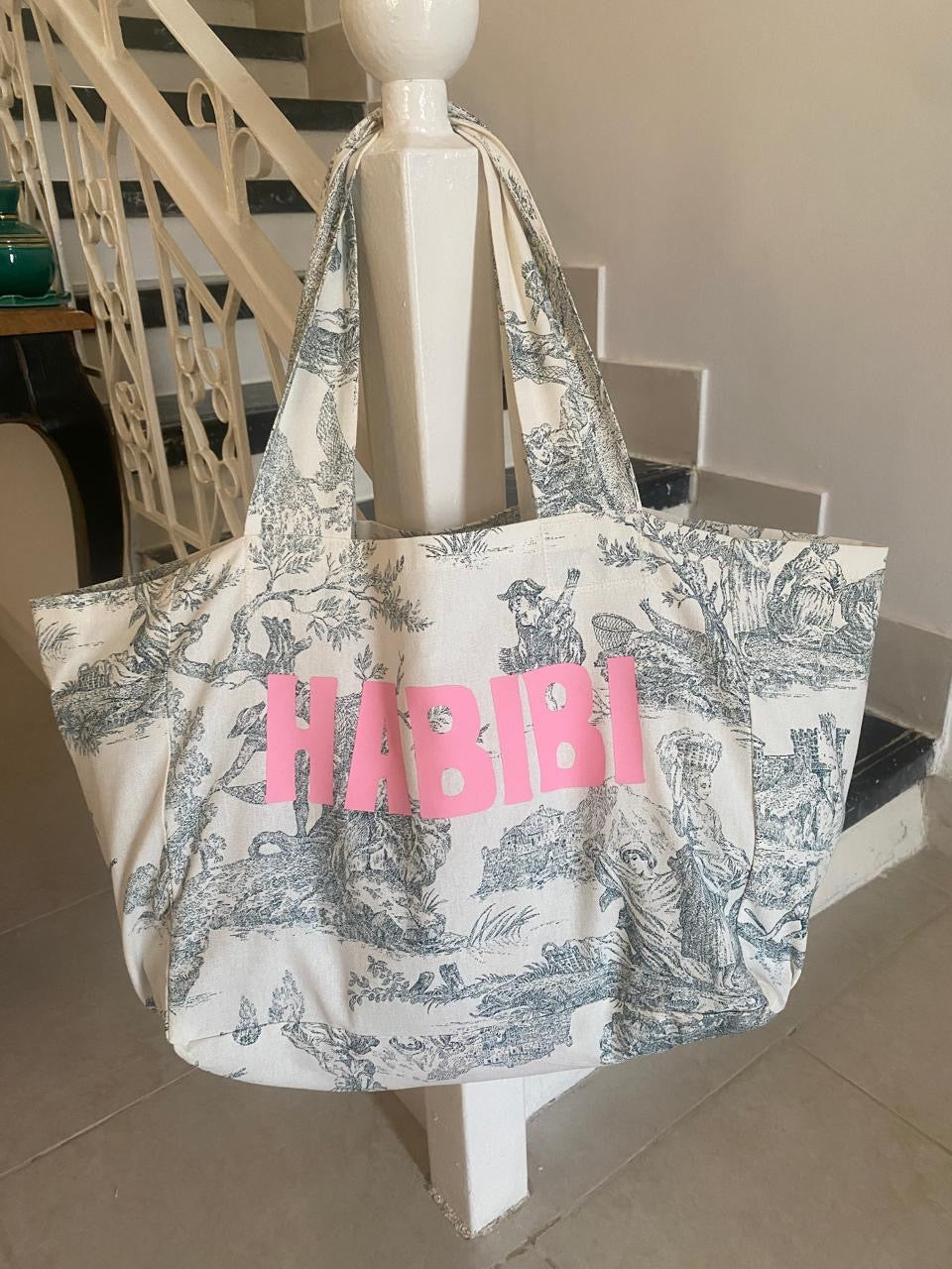 BEACH BAG GREEN TOILE DE JOUY HABIBI PINK