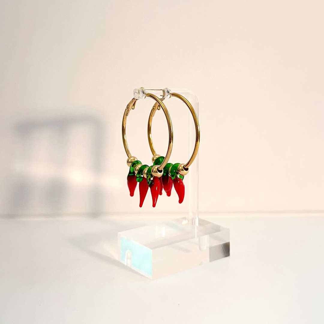 CHILI CHARM HOOP EARRINGS-40 MM WITH HANDMADE GLASS PEPPERS