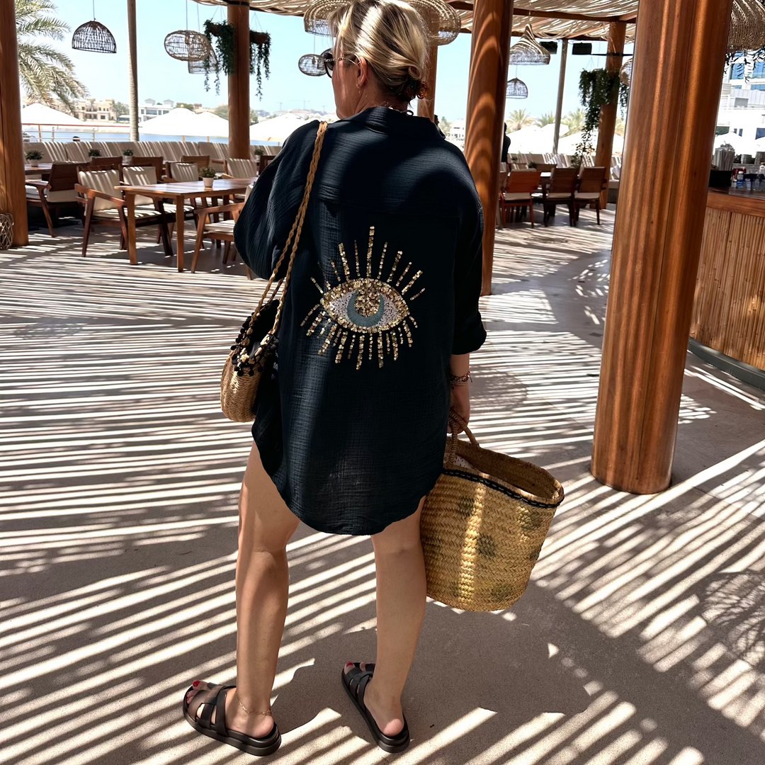 BLACK COTTON GAUZE GLITTER EYE SHIRT