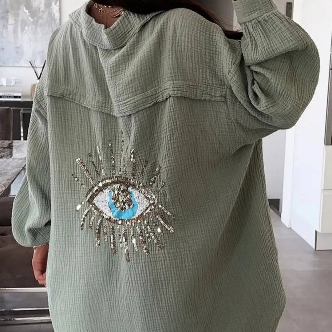 KAKI COTTON GAUZE GLITTER EYE SHIRT