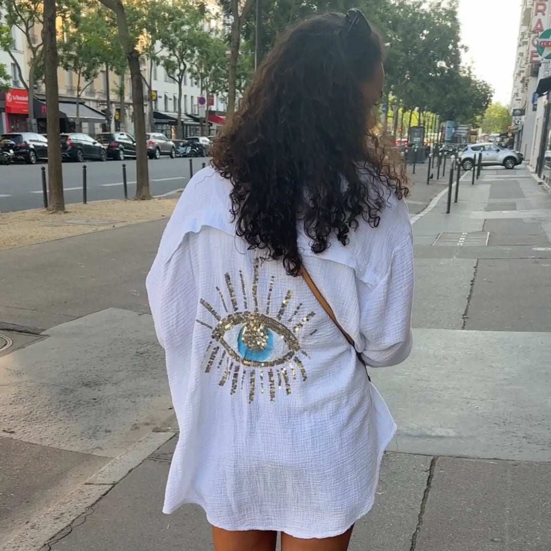 WHITE COTTON GAUZE GLITTER EYE SHIRT