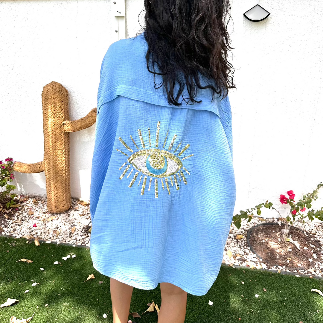 SKY BLUE COTTON GAUZE GLITTER EYE SHIRT