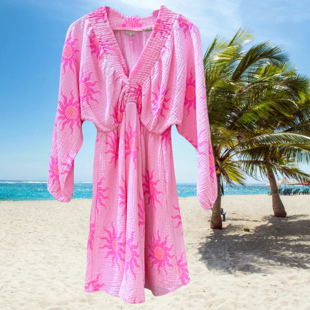 PINK COTTON GAUZE DRESS -GOLDEN HOUR SUN PRINT