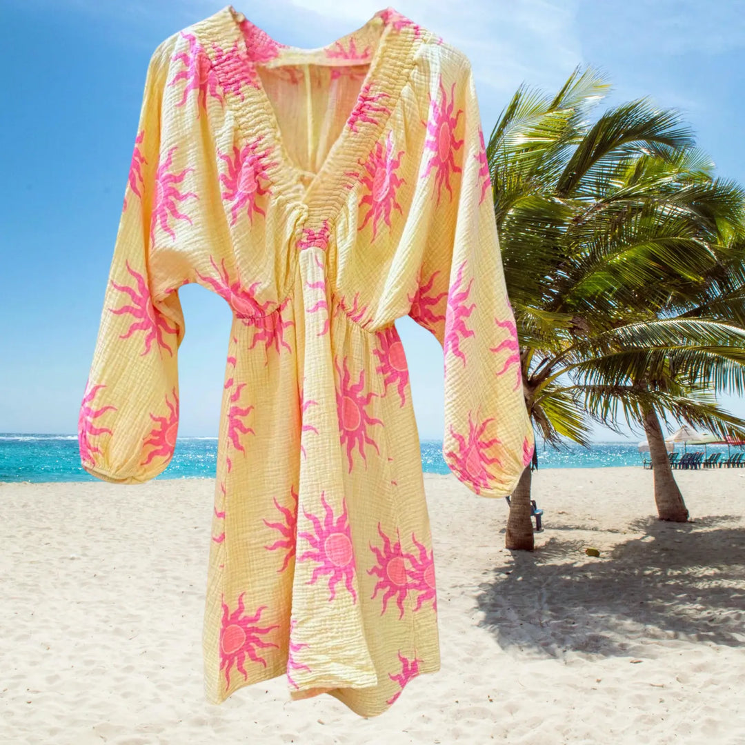 YELLOW COTTON GAUZE DRESS -GOLDEN HOUR SUN PRINT