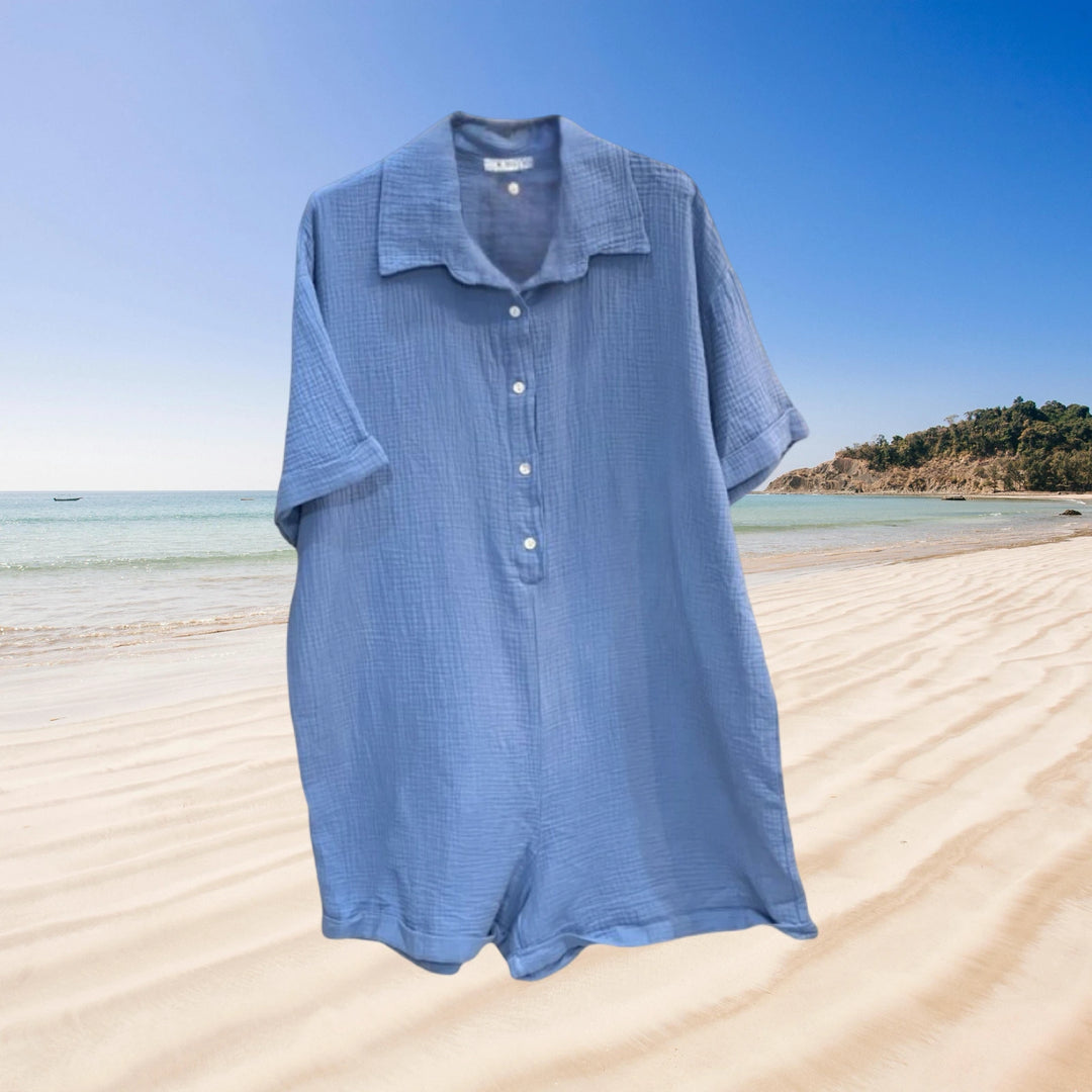 OVERSIZED BLUE COTTON GAUZE ROMPER OREA– LIGHTWEIGHT SHORT JUMPSUIT FOR SUMMER