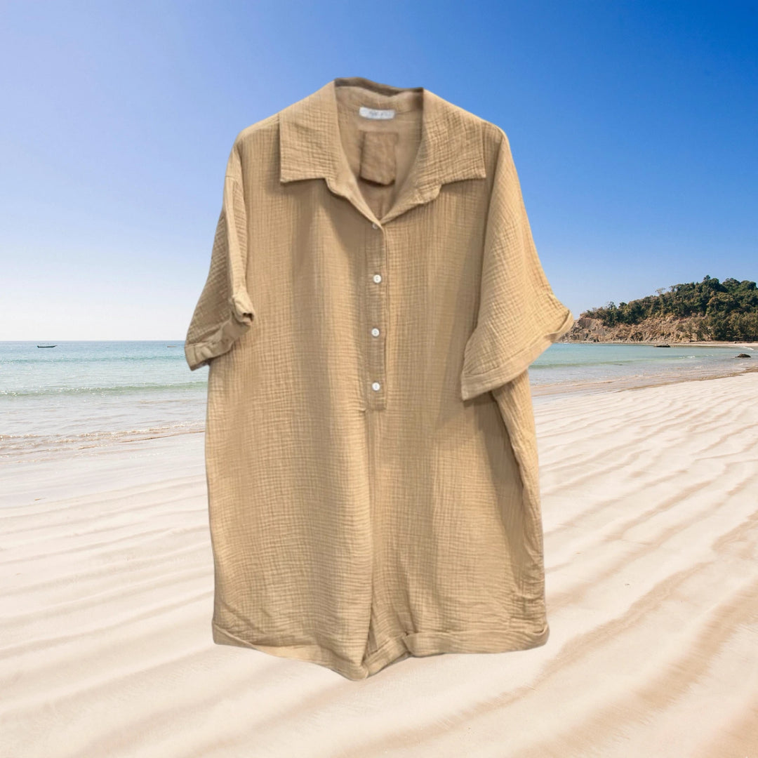 OVERSIZED CAMEL COTTON GAUZE ROMPER OREA– LIGHTWEIGHT SHORT JUMPSUIT FOR SUMMER