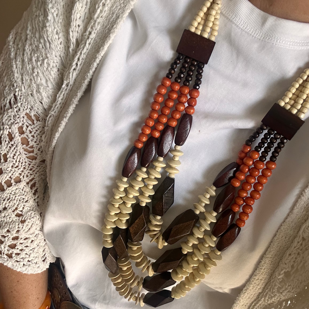 TRIBAL WOOD BEADED STATEMENT NECKLACE – MULTI-LAYER ETHNIC DESIGN