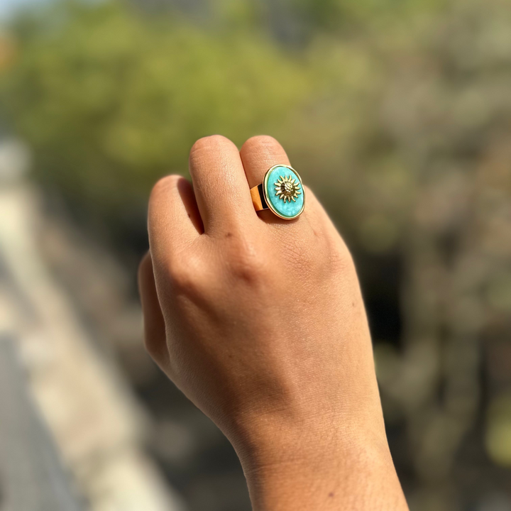 SUN RING-(BLACK AGATE, ROSE QUARTZ & AMAZONITE)