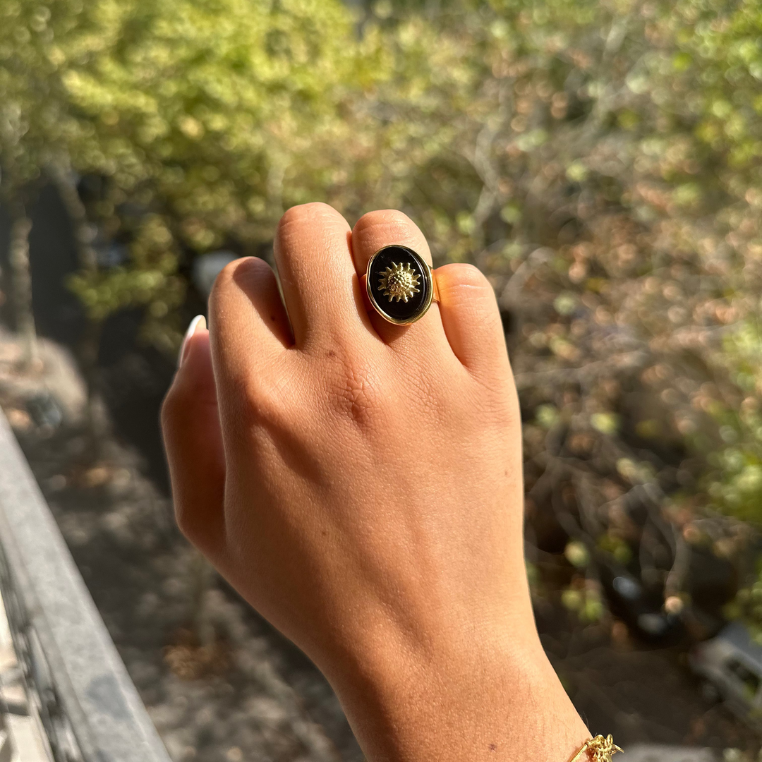 SUN RING-(BLACK AGATE, ROSE QUARTZ & AMAZONITE)
