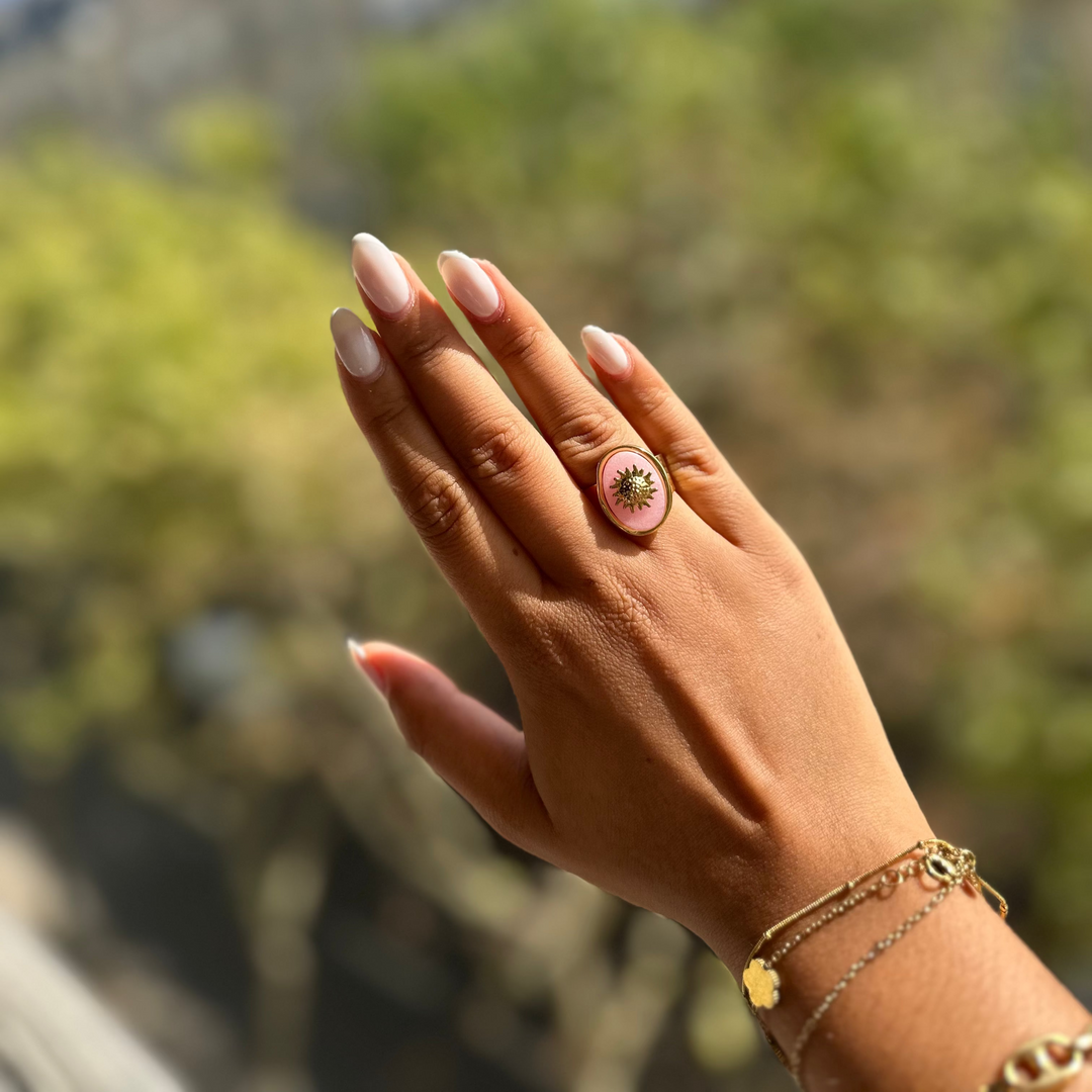 SUN RING-(BLACK AGATE, ROSE QUARTZ & AMAZONITE)