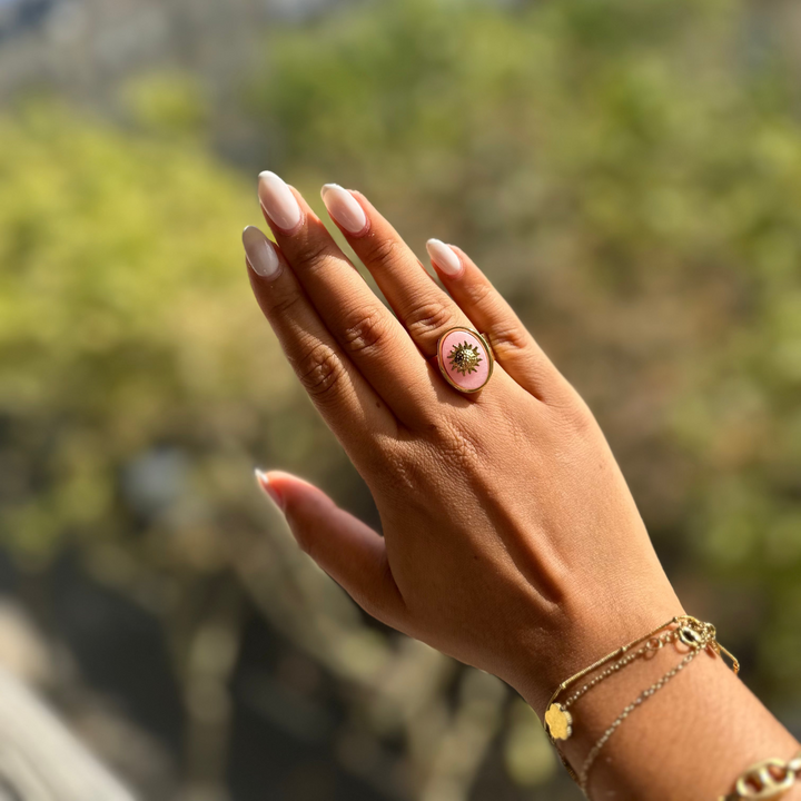 SUN RING-(BLACK AGATE, ROSE QUARTZ & AMAZONITE)