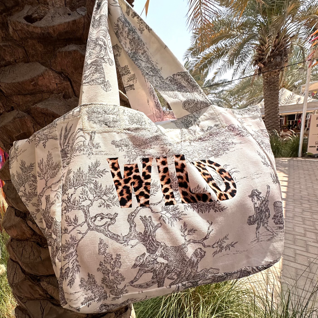 BEACH BAG BLACK TOILE DE JOUY WILD LEOPARD