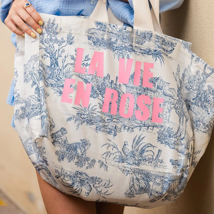 BEACH BAG BLUE TOILE DE JOUY LA VIE EN ROSE