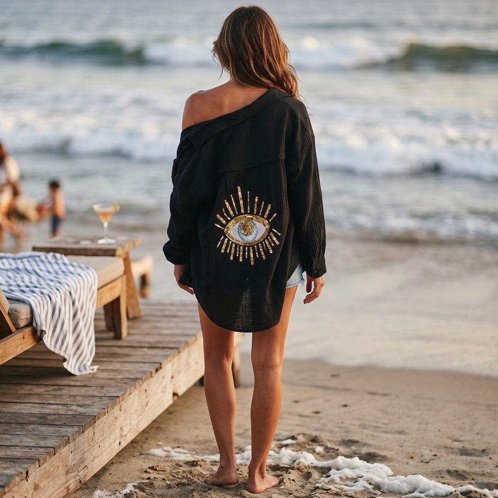 Sunset Eye oversized shirt in black cotton gauze with embroidered evil eye back design - La Maison Angélique