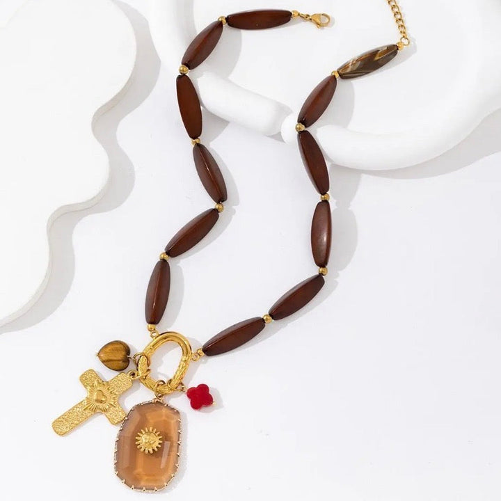 BROWN WOOD - CHARM NECKLACE GOLD PLATED STAINLESS STEEL