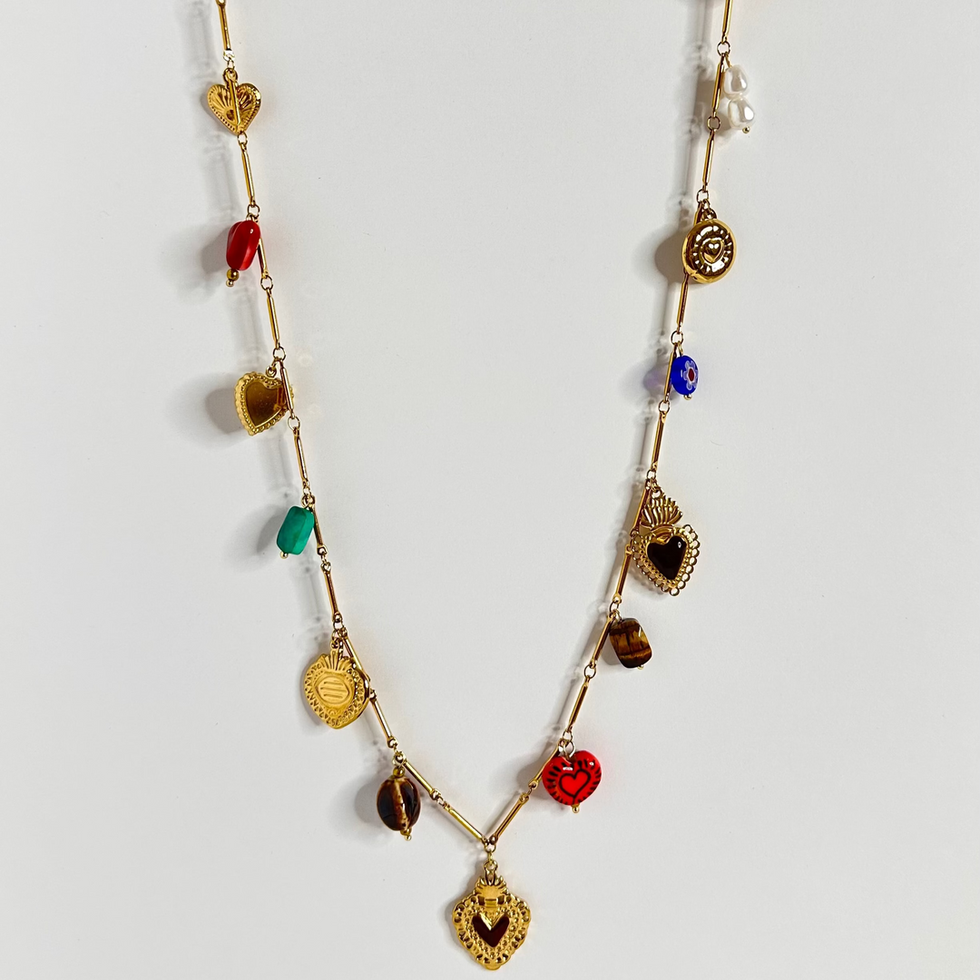 CHARM STORY LONG NECKLACE – STAINLESS STEEL WITH COLORFUL CHARMS