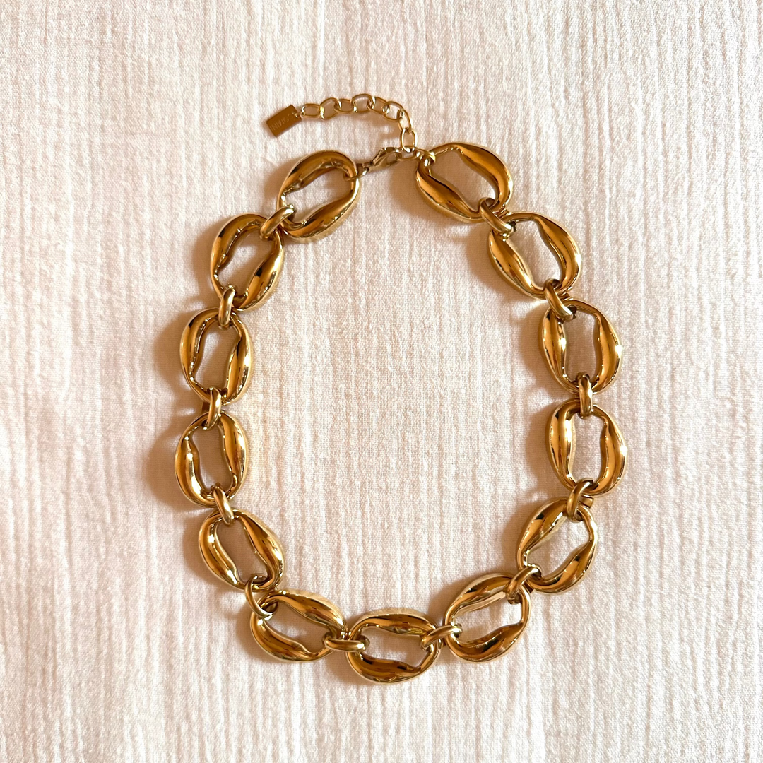 CHUNKY COFFEE BEAN CHOKER NECKLACE-GOLD & SILVER STAINLESS STEEL
