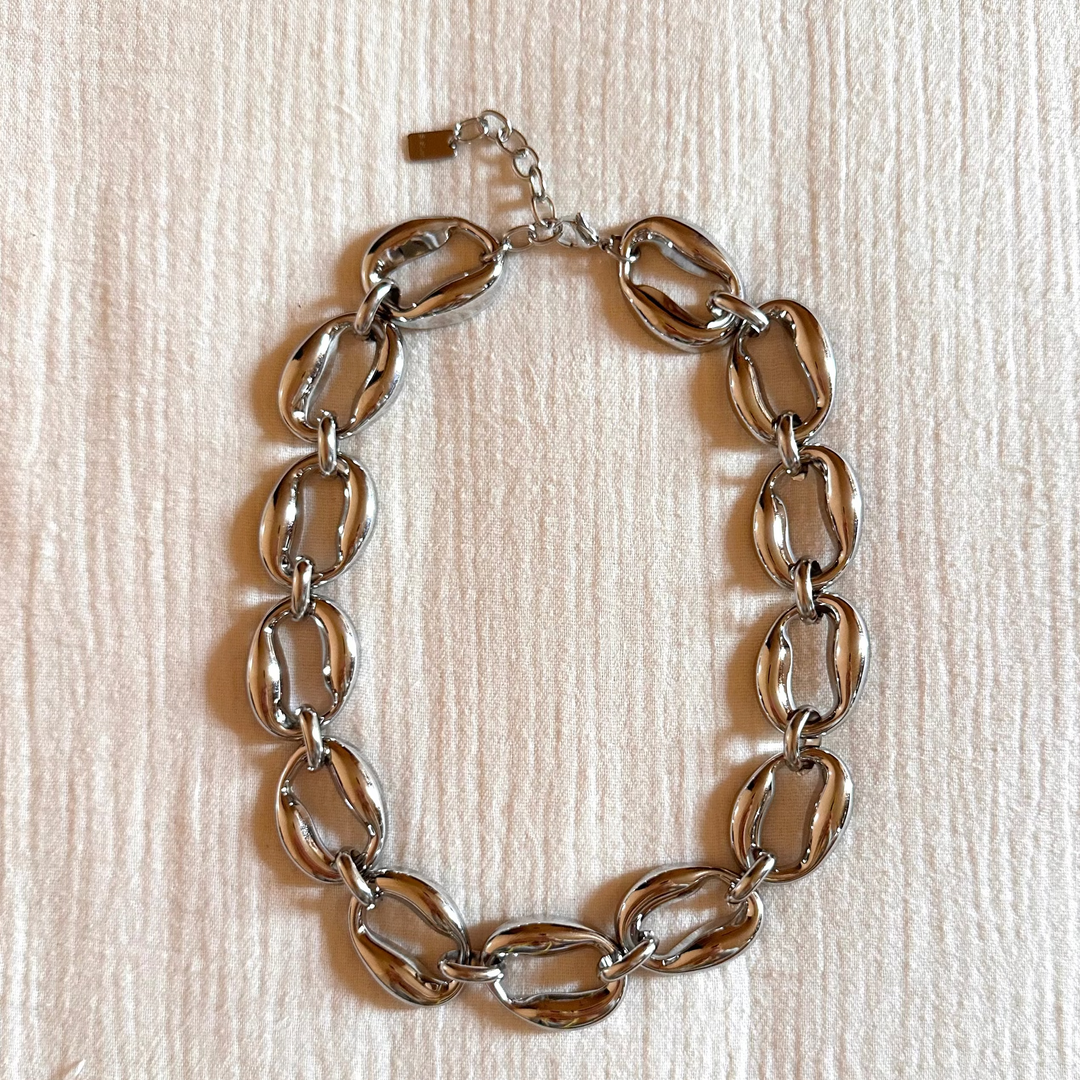 CHUNKY COFFEE BEAN CHOKER NECKLACE-GOLD & SILVER STAINLESS STEEL