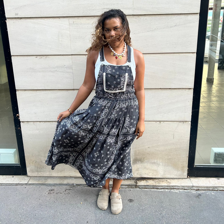 COTTON GAUZE BANDANA PRINT OVERALL DRESS – BLACK & WHITE CROCHET TRIM