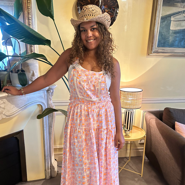 COTTON GAUZE LEOPARD PRINT OVERALL DRESS – ORANGE FLUO CROCHET TRIM