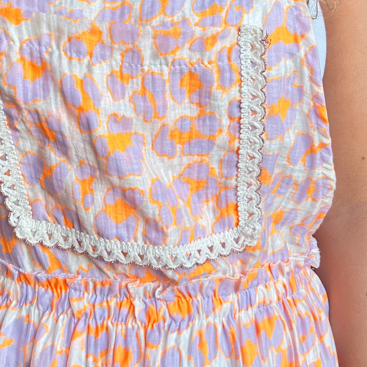 COTTON GAUZE LEOPARD PRINT OVERALL DRESS – ORANGE FLUO CROCHET TRIM