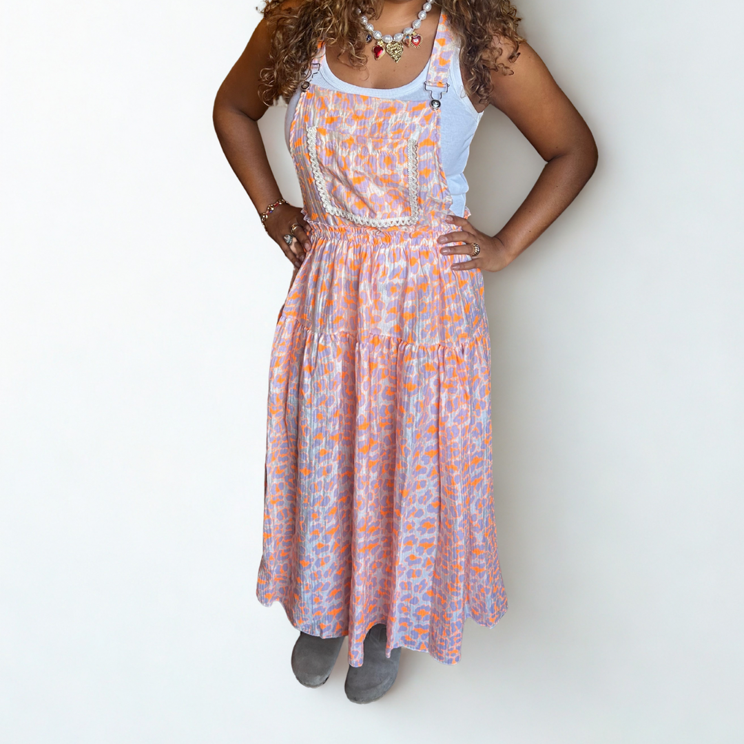 COTTON GAUZE LEOPARD PRINT OVERALL DRESS – ORANGE FLUO CROCHET TRIM