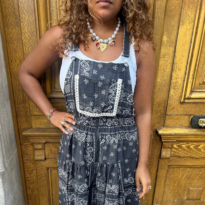 COTTON GAUZE BANDANA PRINT OVERALL DRESS – BLACK & WHITE CROCHET TRIM