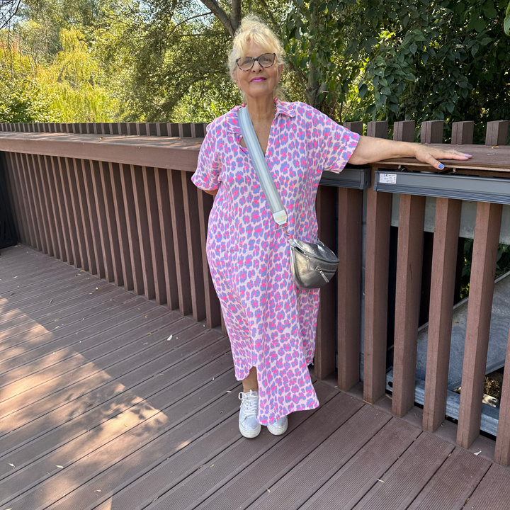 FANFAN PINK LEOPARD OVERSIZED TUNIC COTTON GAUZE DRESS