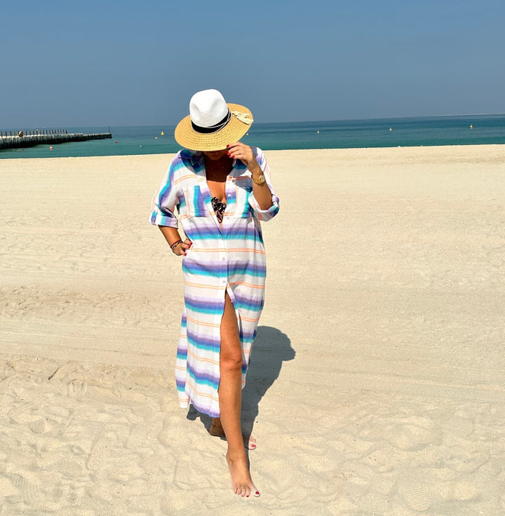 BLUE LONG BEACH COTTON SHIRT DRESS FAZA-STRIPED
