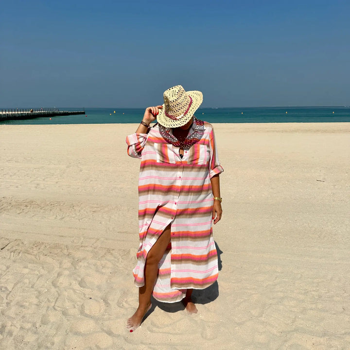 PINK LONG BEACH COTTON SHIRT DRESS FAZA-STRIPED