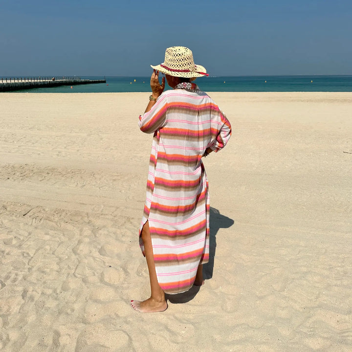 PINK LONG BEACH COTTON SHIRT DRESS FAZA-STRIPED
