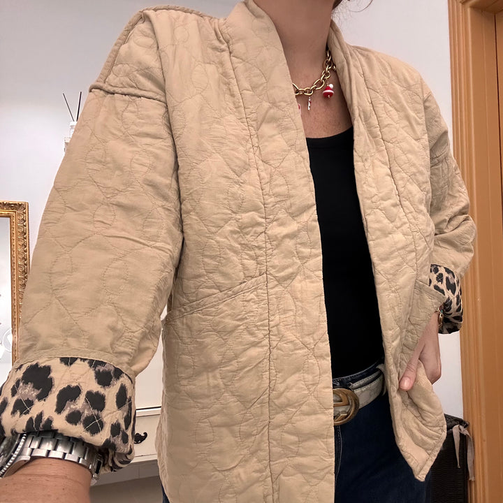 COTTON LEOPARD QUILTED JACKET - CAMEL