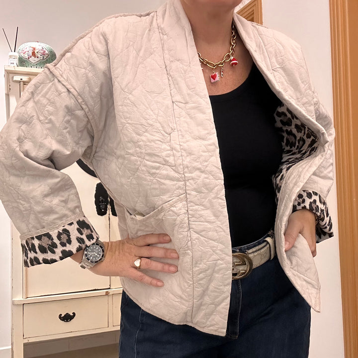 COTTON LEOPARD QUILTED JACKET - LIGHT BEIGE