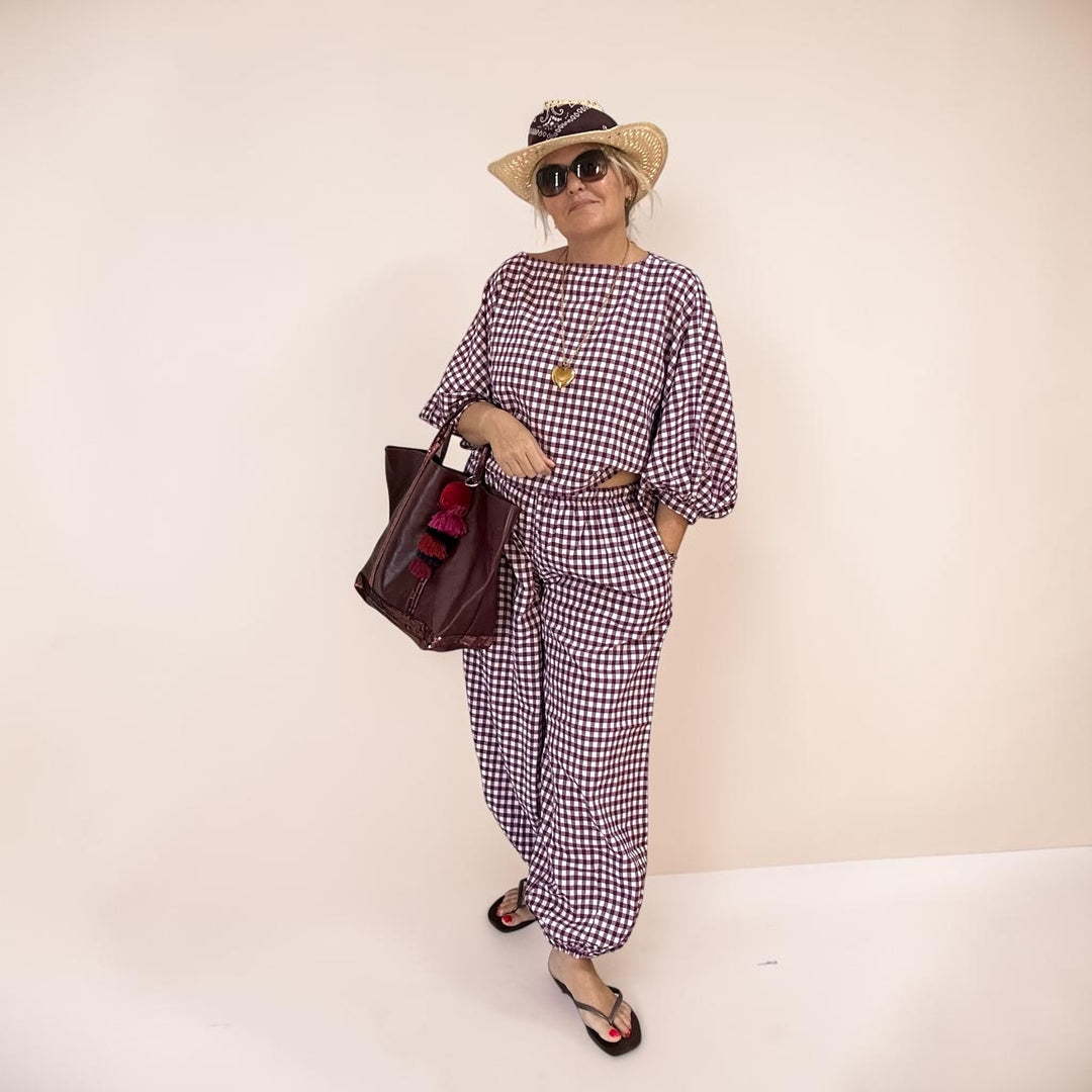 GINGHAM COTTON BALLOON PANTS SET| AUBERGINE
