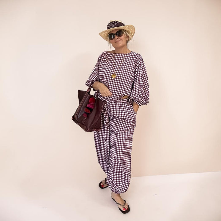 GINGHAM COTTON BALLOON PANTS SET| AUBERGINE