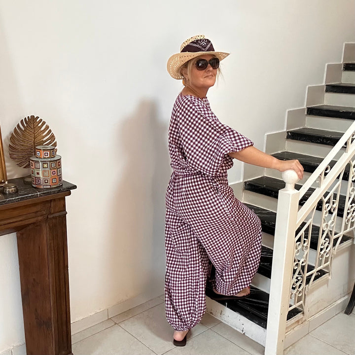 GINGHAM COTTON BALLOON PANTS SET| AUBERGINE