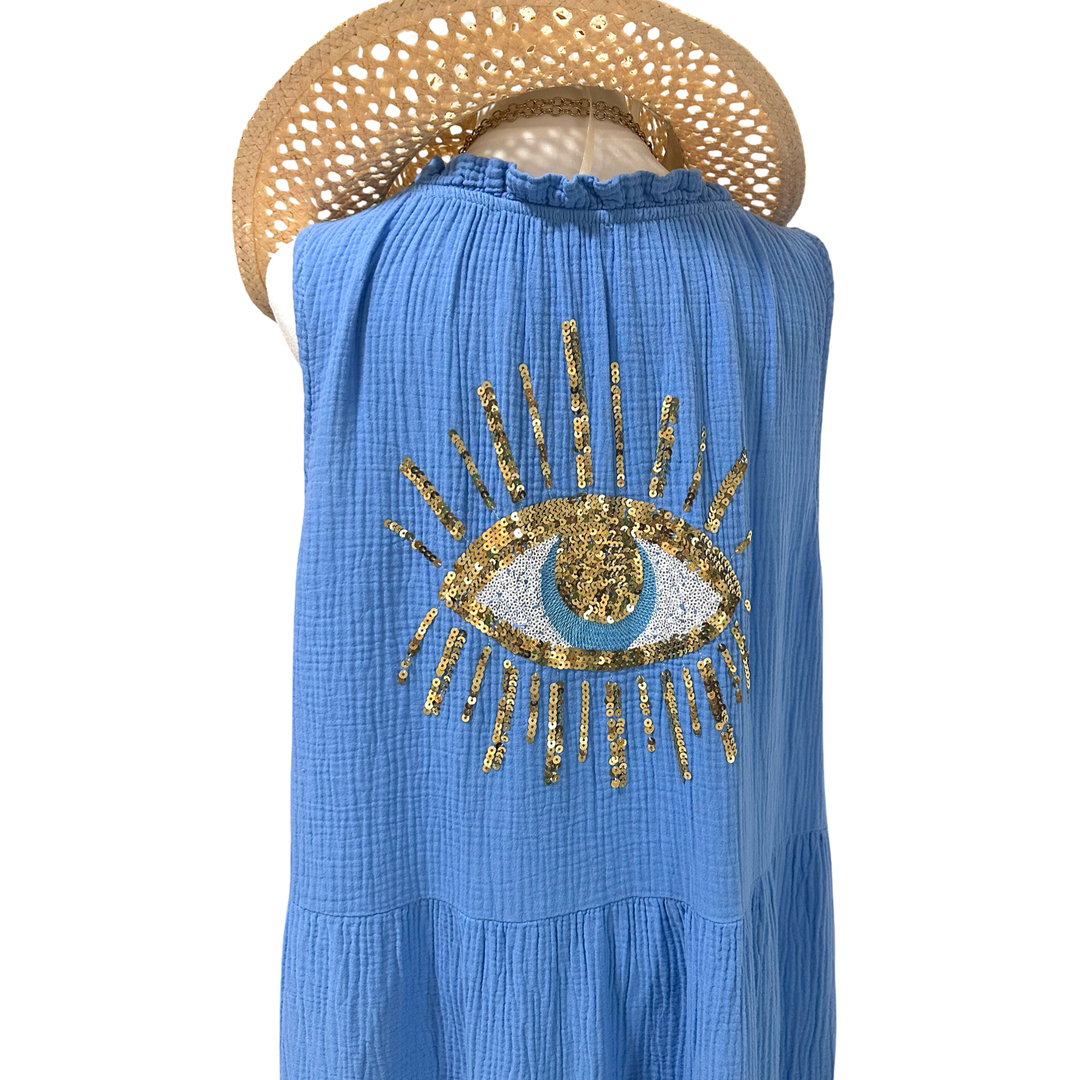 GLITTER EYE LONG BLUE COTTON GAUZE DRESS-ONE SIZE