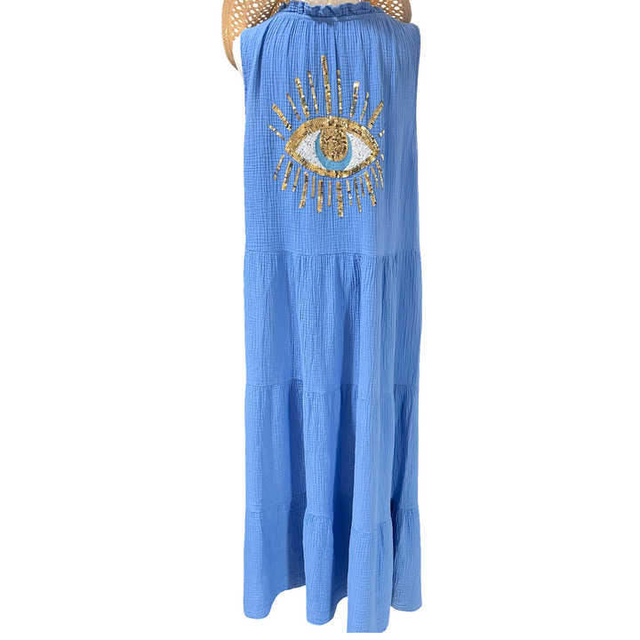 GLITTER EYE LONG BLUE COTTON GAUZE DRESS-ONE SIZE