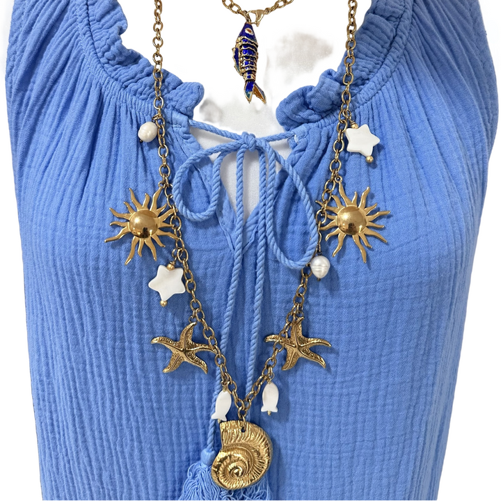 GLITTER EYE LONG BLUE COTTON GAUZE DRESS-ONE SIZE