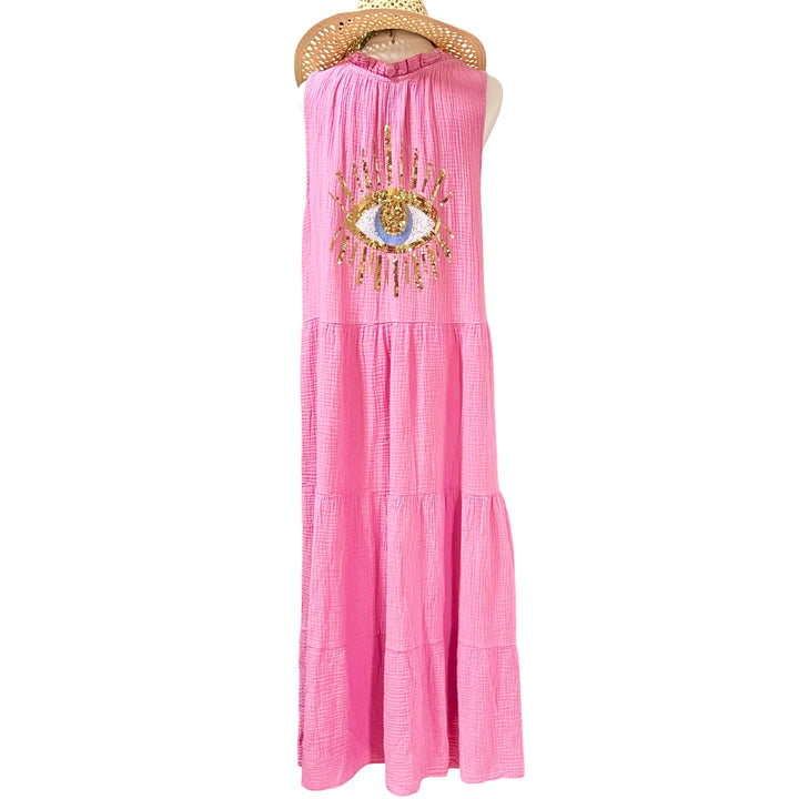GLITTER EYE LONG PINK COTTON GAUZE DRESS-ONE SIZE