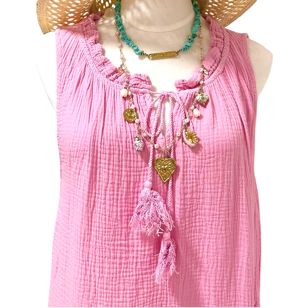 GLITTER EYE LONG PINK COTTON GAUZE DRESS-ONE SIZE