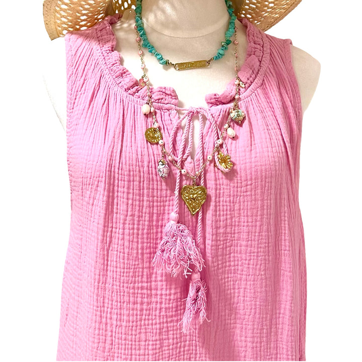 GLITTER EYE LONG PINK COTTON GAUZE DRESS-ONE SIZE