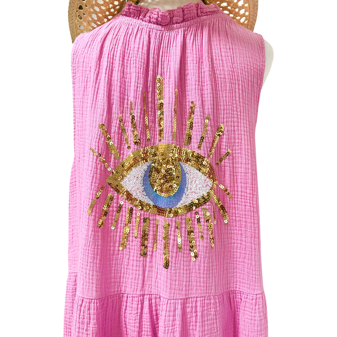 GLITTER EYE LONG PINK COTTON GAUZE DRESS-ONE SIZE
