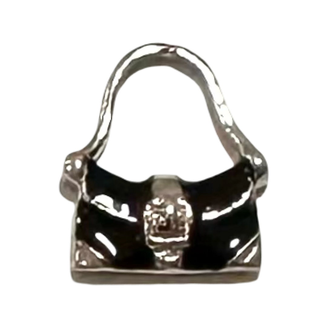 HANDBAG ENAMEL BLACK SILVER MEDIUM