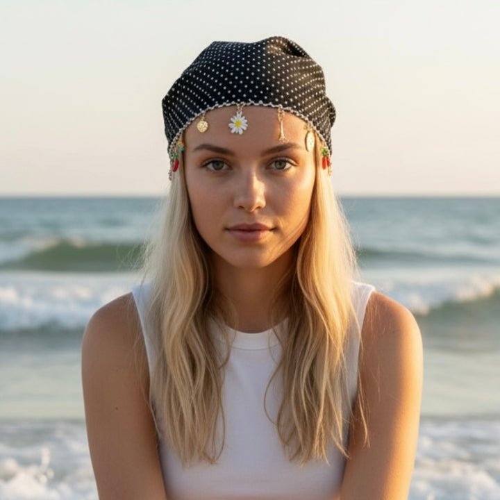 Hair Scarf — Black & White Polka Dot