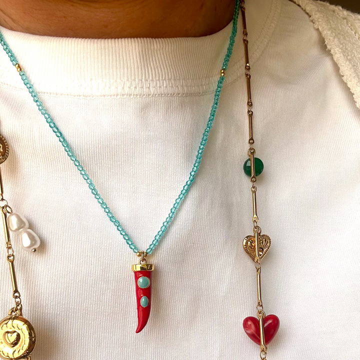 LUCKY HORN BLUE BEADED NECKLACE – BOHO CHIC RED TALISMAN