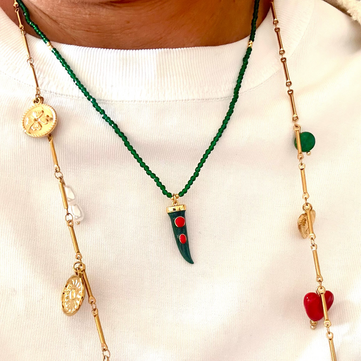 LUCKY HORN GREEN BEADED NECKLACE – BOHO CHIC GREEN TALISMAN