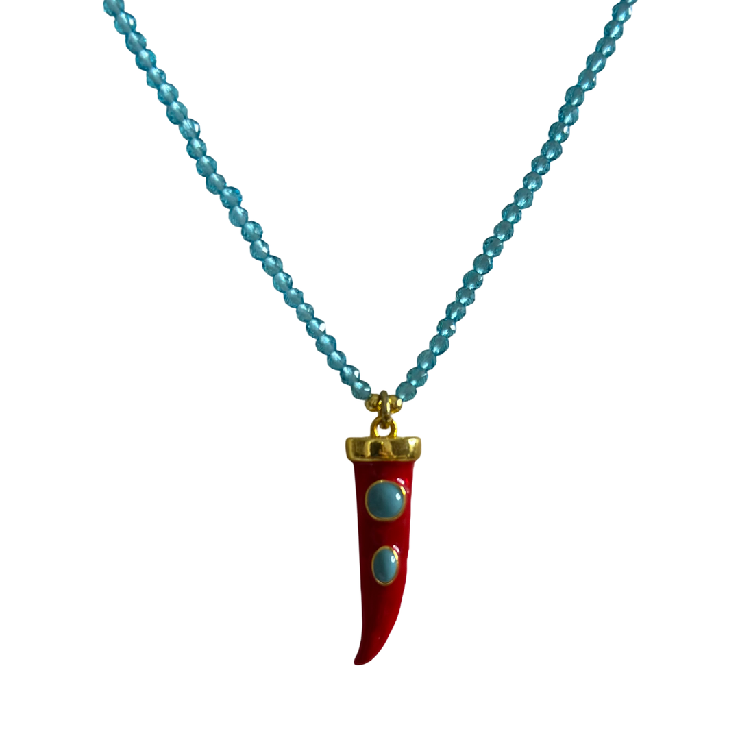 LUCKY HORN BLUE BEADED NECKLACE – BOHO CHIC RED TALISMAN