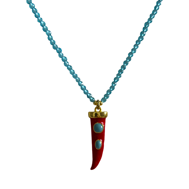 LUCKY HORN BLUE BEADED NECKLACE – BOHO CHIC RED TALISMAN
