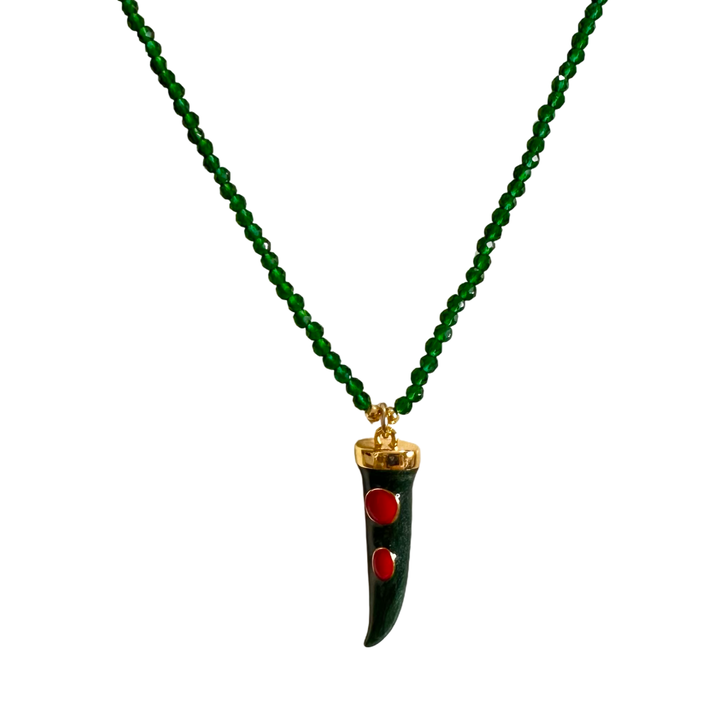 LUCKY HORN GREEN BEADED NECKLACE – BOHO CHIC GREEN TALISMAN